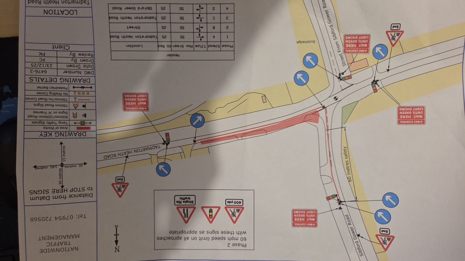 CAD temporary traffic management design drawing showing sign positions and work area layout